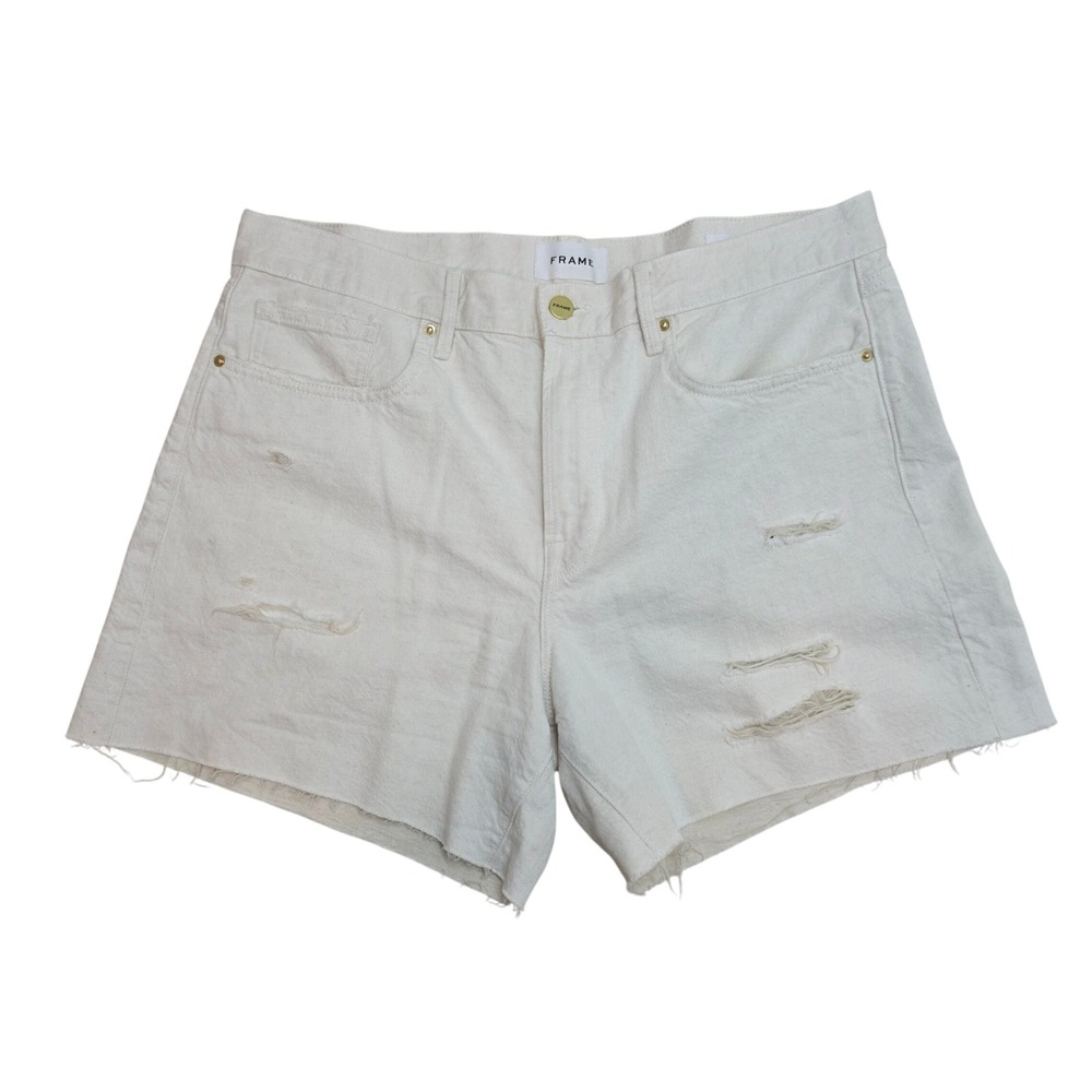 FRAME Le Brigette Short Off White Cream Distressed Denim Cut Off Shorts Women 32